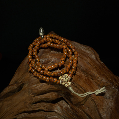 藏传老佛珠〓清代玉化如瓷开片姜黄色星月菩提108颗佛珠念珠手串