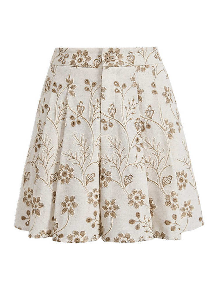 Beige floral embroidered flared skirt on a white background