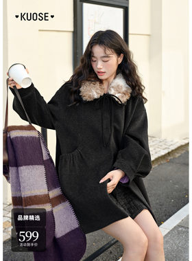 黑灰色可拆卸毛领呢子大衣中长款