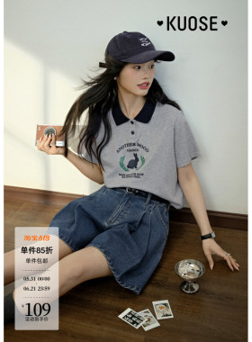阔色美式兔子短袖纯棉T恤女2025春夏季新款灰色polo领短款上衣