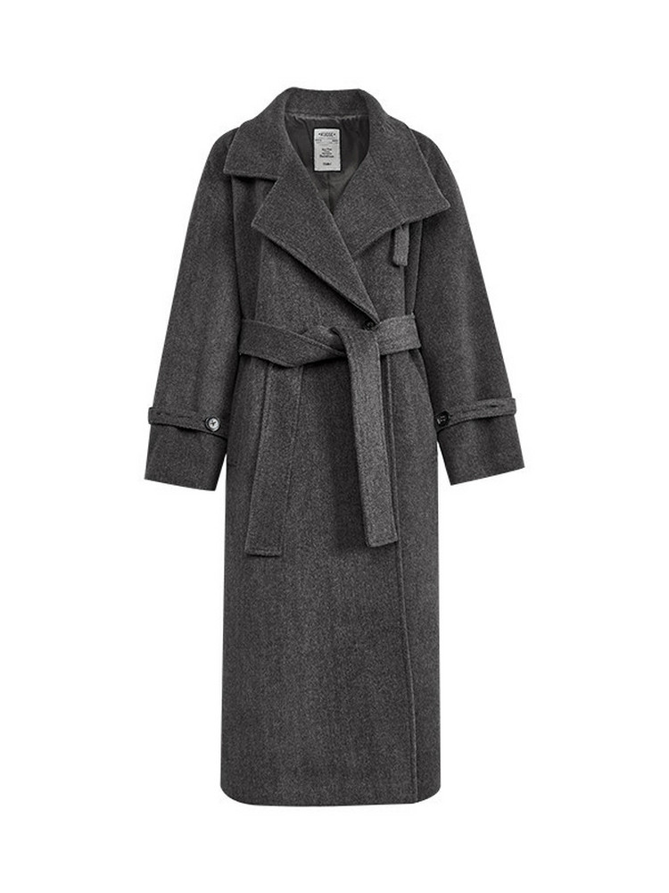 Dark gray belted long wool coat on a white background
