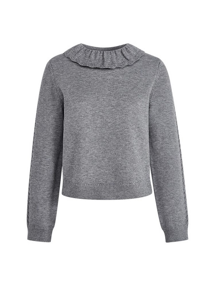 Gray knit sweater with a ruffled collar and long sleeves