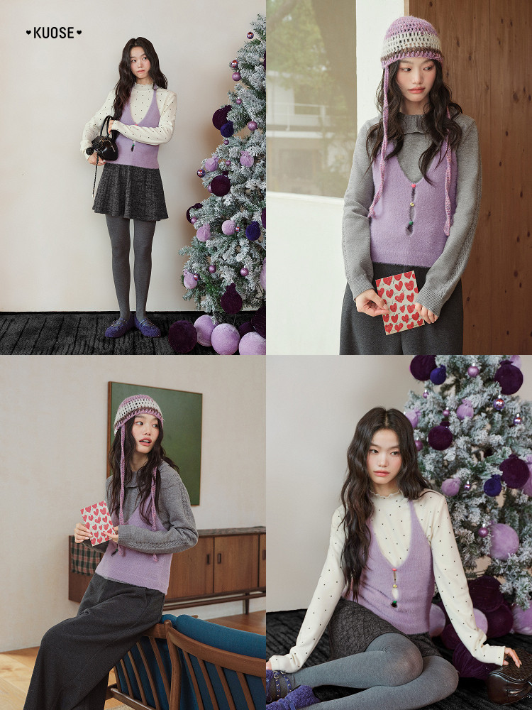Model wearing a lavender knit sweater vest outfit in a holiday setting