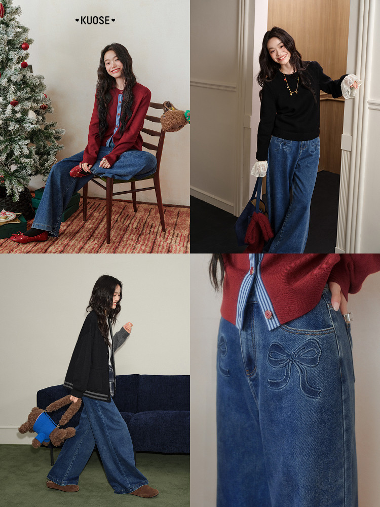 Fashion collage showing a woman wearing a red cardigan and wide-leg blue jeans