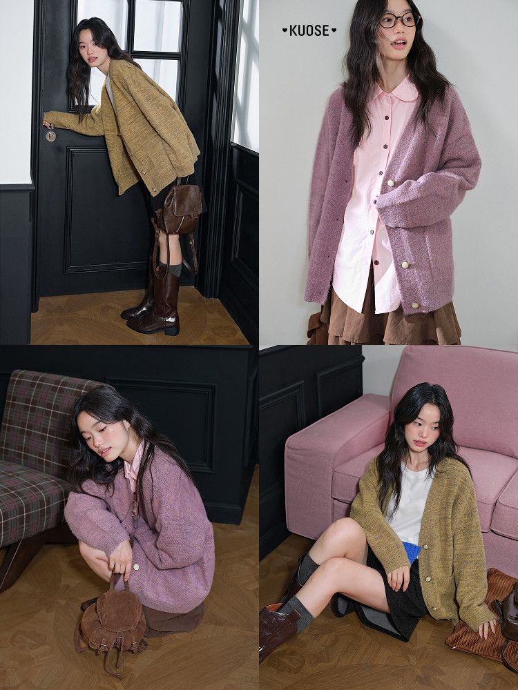 Women modeling oversized knit cardigans in pink and olive tones