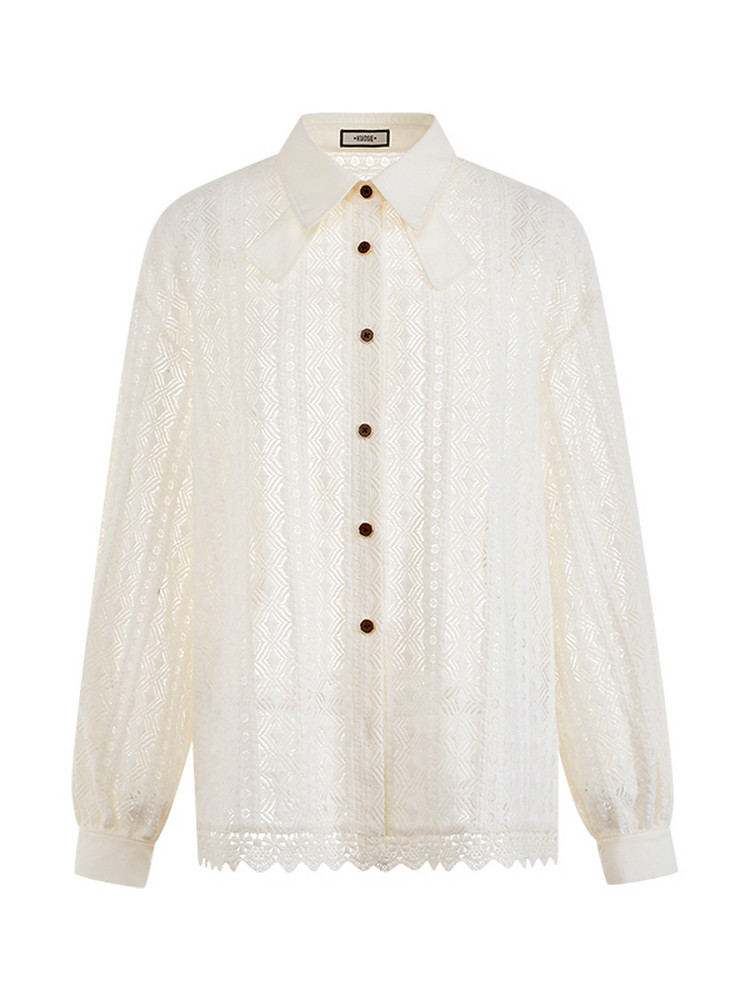 White long-sleeve button-up blouse with collar and sheer patterned fabric