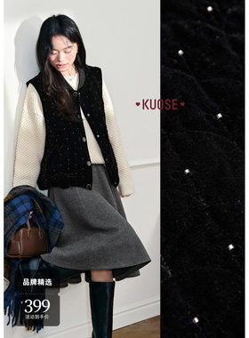 黑色气质丝绒棉服刺绣马甲背心