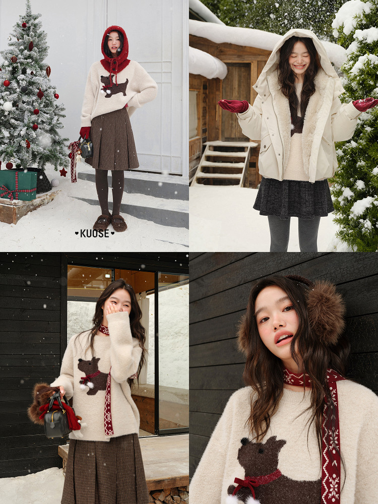 Winter sweater and plaid skirt worn by model in snowy holiday scenes