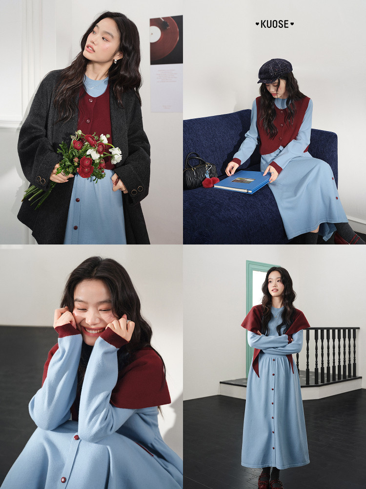 Light blue button-front dress with burgundy cape-style knit worn by a model
