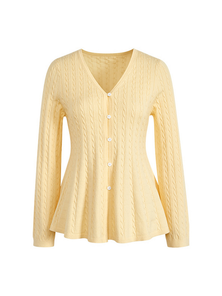 Yellow long-sleeve button-front cardigan sweater on white background