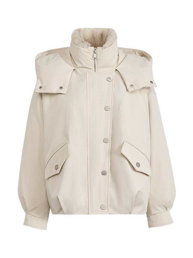 Beige hooded winter jacket with a high collar and button front