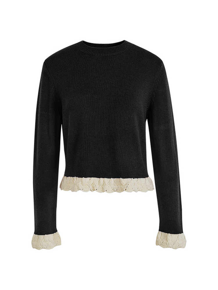 Black long-sleeve knit sweater with cream lace trim on hem and cuffs