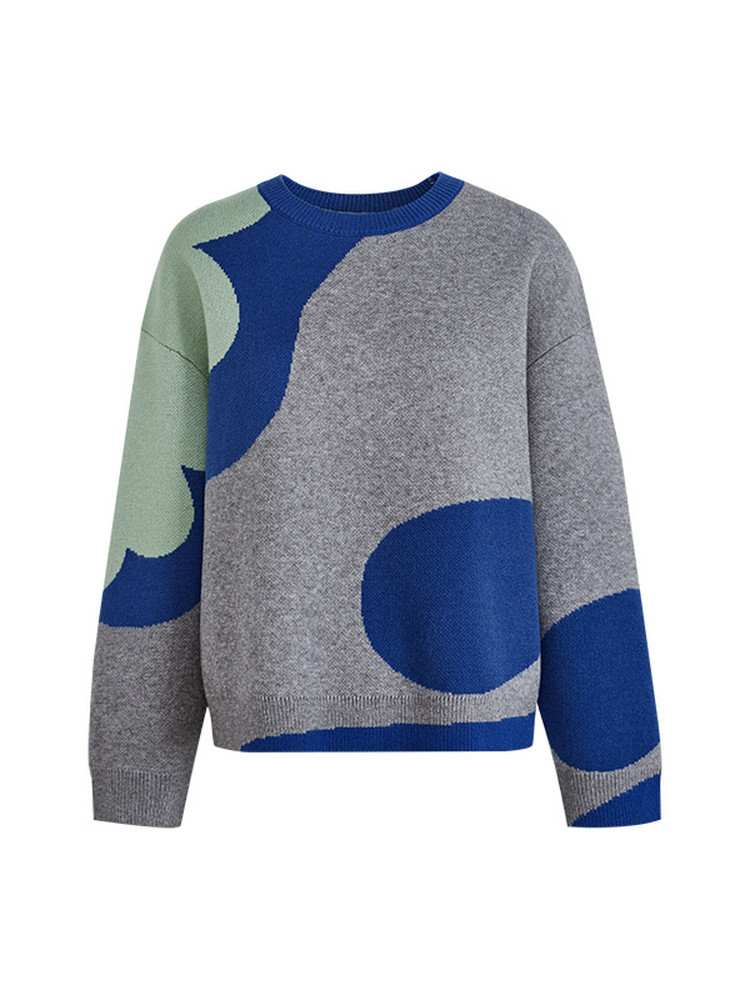 Gray knit sweater with blue and green abstract pattern on white background