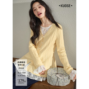 毛衣开衫 新款 蕾丝衫 25初秋季 女叠穿上衣 两件套装 阔色黄色针织衫