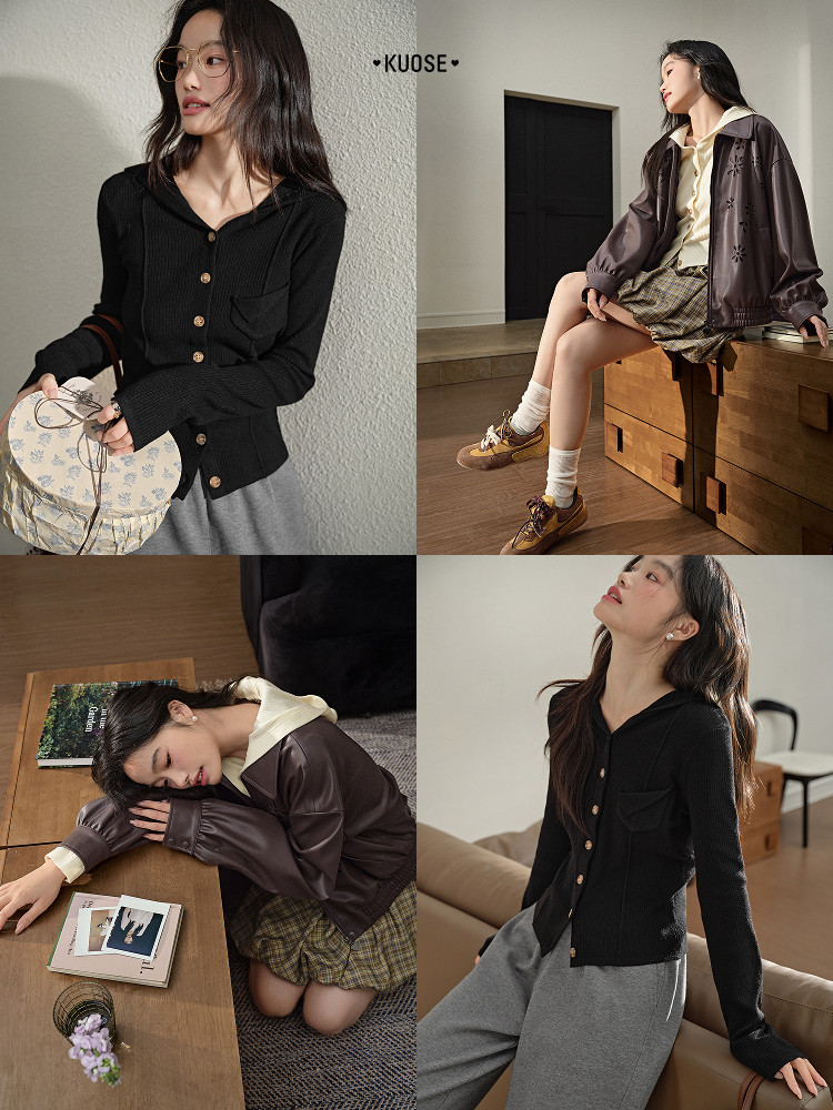 Black button-front knit cardigan worn by a model
