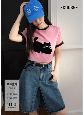 粉色小猫印花正肩短袖t恤女