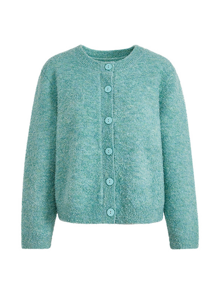 Mint green button-front knit cardigan sweater on a white background