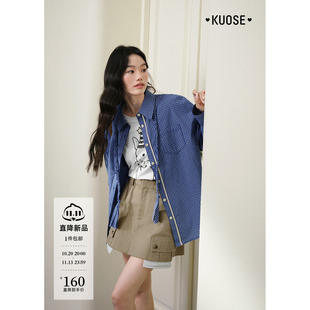 阔色翻领麻花绳格子衬衫衬衣女26秋季新款纯棉蓝紫色长袖开衫上衣