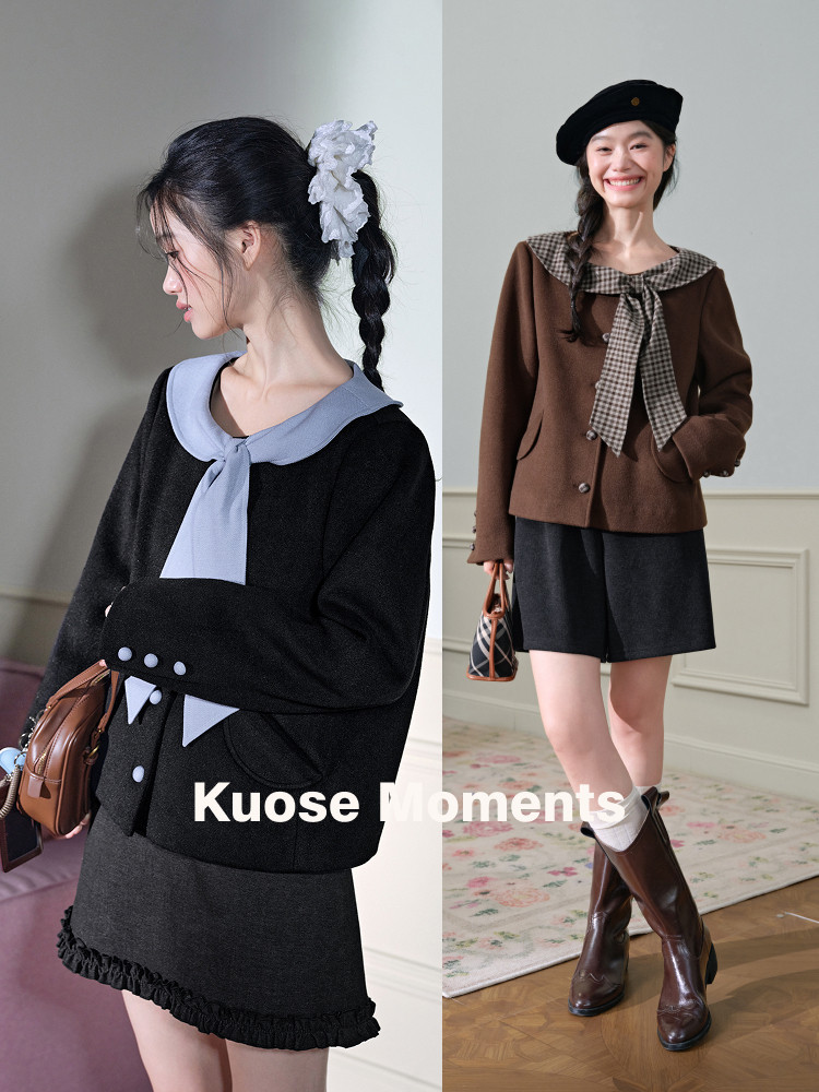 Fashion models wearing preppy sailor-collar knit outfits with skirt and boots