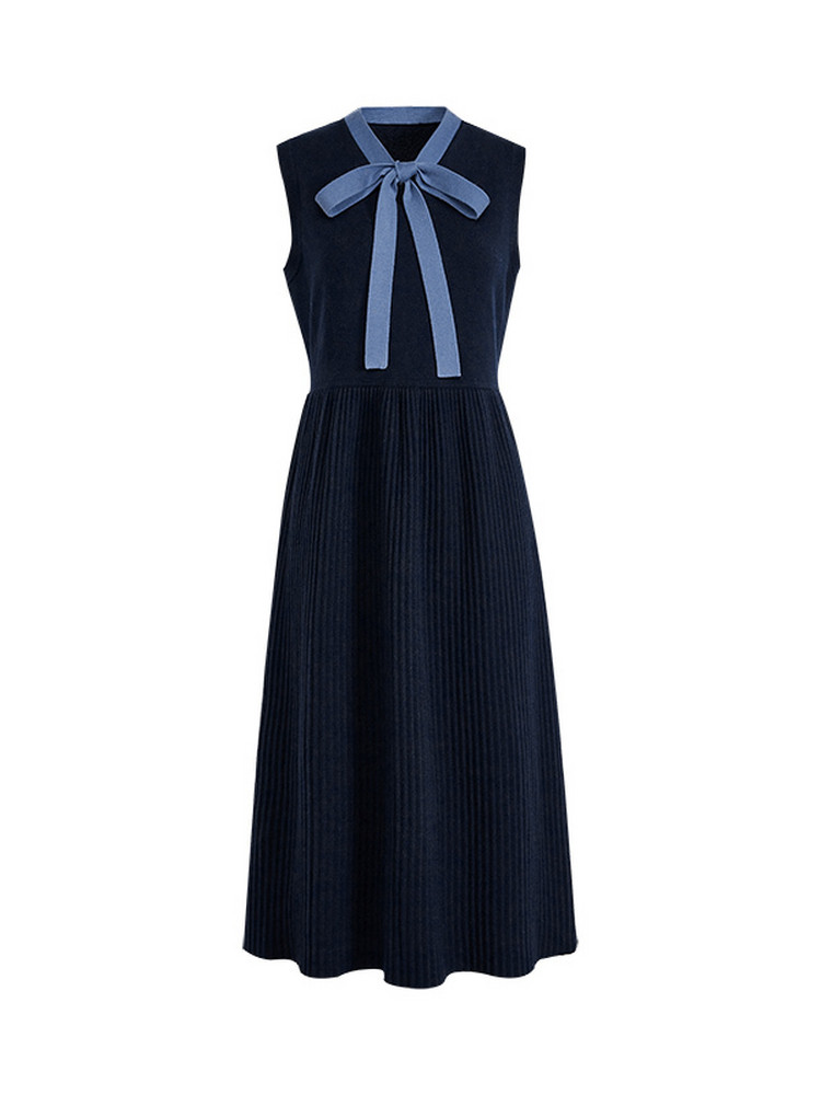 Navy sleeveless midi dress with a bow tie neckline
