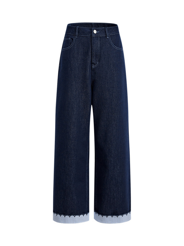 Dark blue wide-leg denim jeans laid flat on a white background