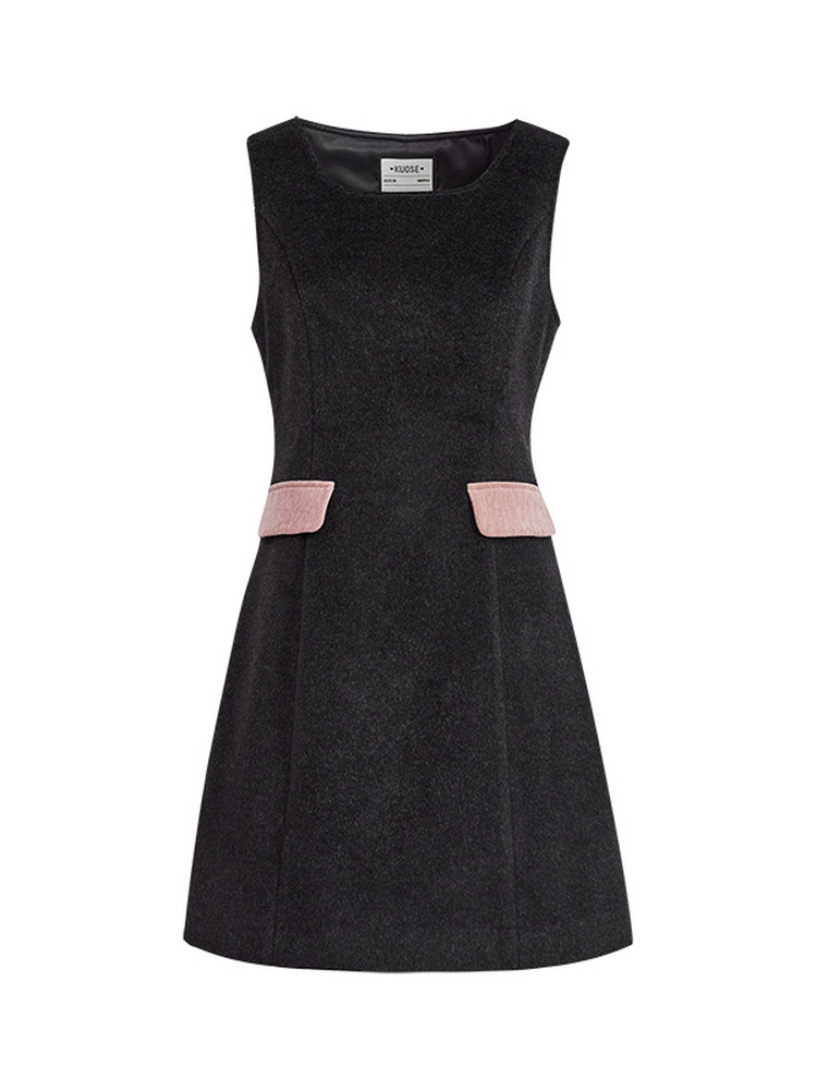Black sleeveless dress with pink pocket accents on a white background