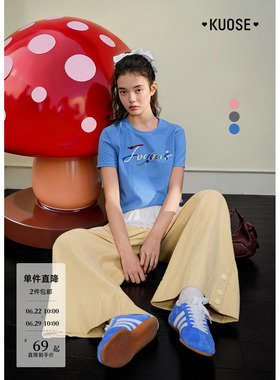 阔色灰色字母刺绣修身上衣女2026春夏季新款蓝色纯棉短袖圆领t恤