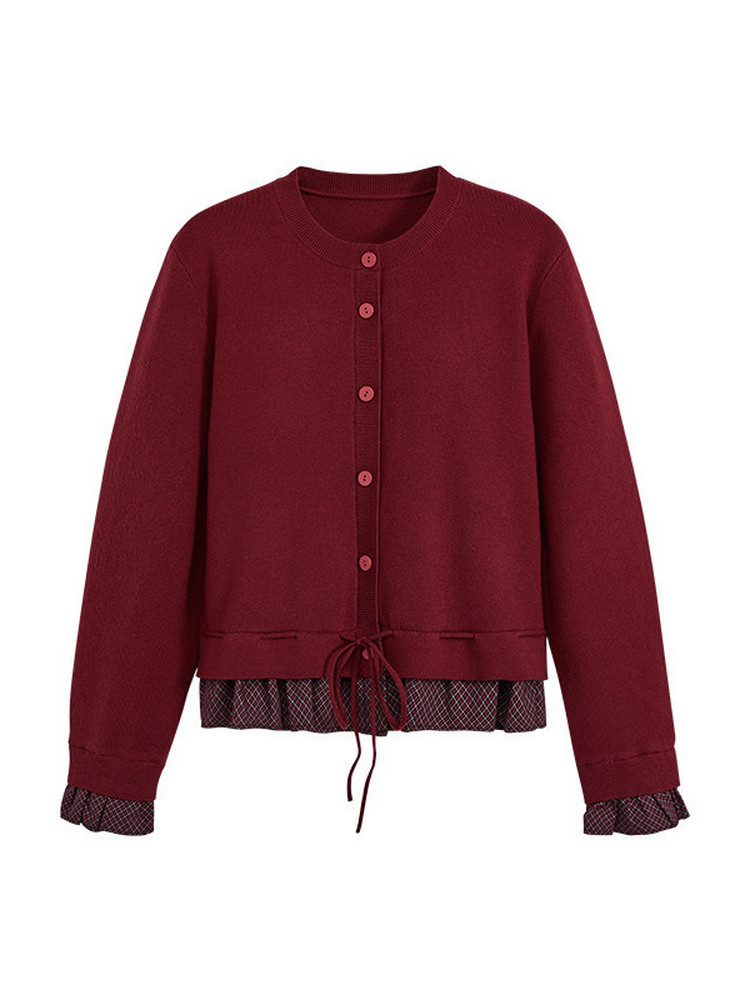 Burgundy button-front cardigan with drawstring hem on white background