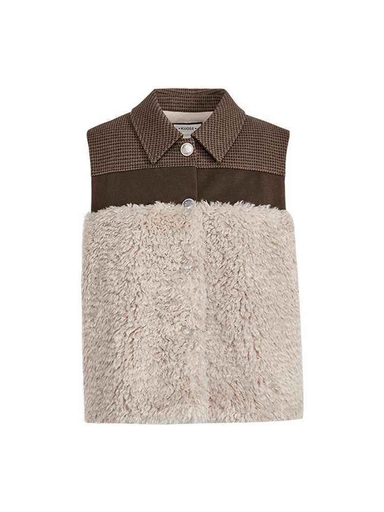 Brown and cream faux fur sleeveless vest laid flat on a white background