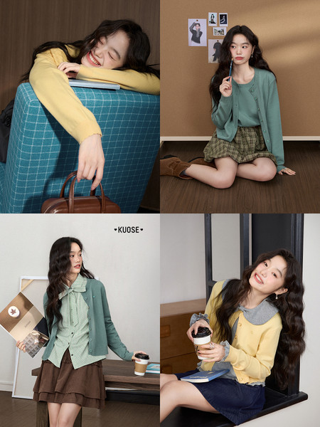Collage of a woman modeling a pastel cardigan and layered outfit in lifestyle photos