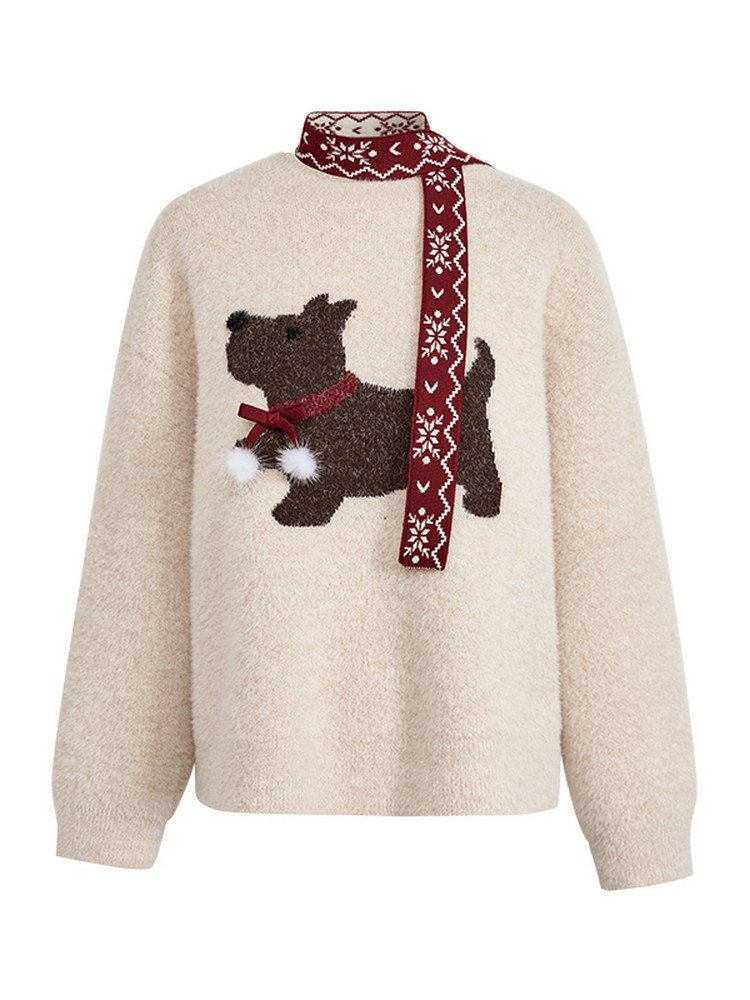 Cream sweater with a festive dog graphic and red holiday scarf