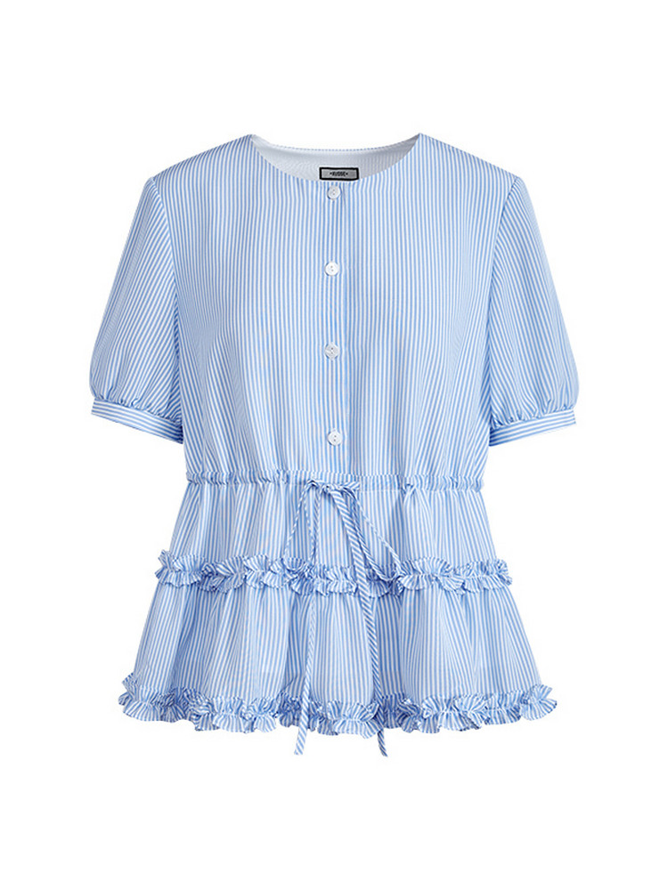 Light blue striped short-sleeve button-front dress with ruffle trim and drawstring waist
