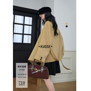 阔色卡其色羊毛双面毛呢外套女25秋冬季新款气质收腰短款呢子大衣