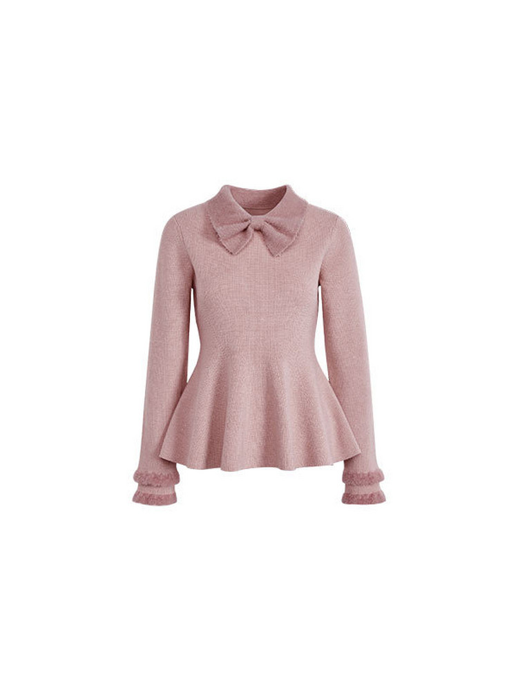Pink long-sleeve peplum sweater top with bow collar on a white background