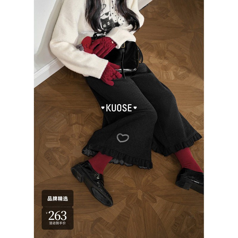 阔色黑灰色木耳边慵懒休闲阔腿裤女2025秋冬季新款刺绣直筒八分裤,女装/女士精品,休闲裤,淘宝优惠券,粉丝福利购,淘宝优惠卷