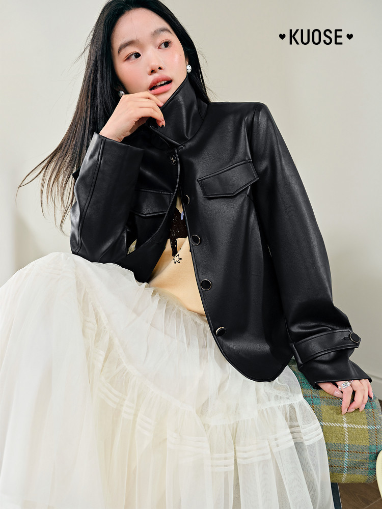 Black leather jacket worn by a model