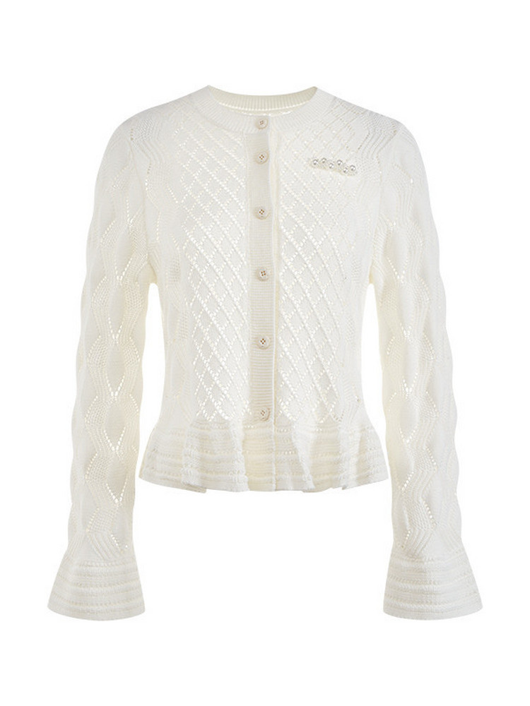 White button-front knit cardigan sweater with flared sleeves