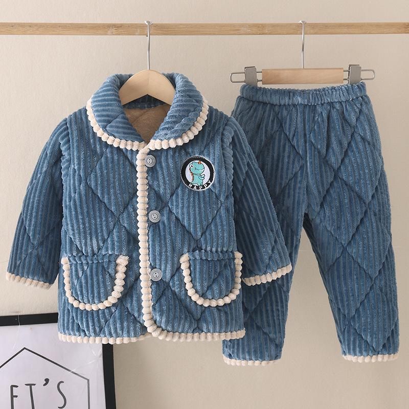 冬季儿童三层夹棉加厚睡衣法兰绒男孩女孩小中童宝家居服套装