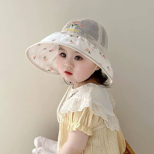 儿童帽子夏季薄款透气网眼大帽檐遮阳防晒帽女宝宝甜美花朵渔夫帽