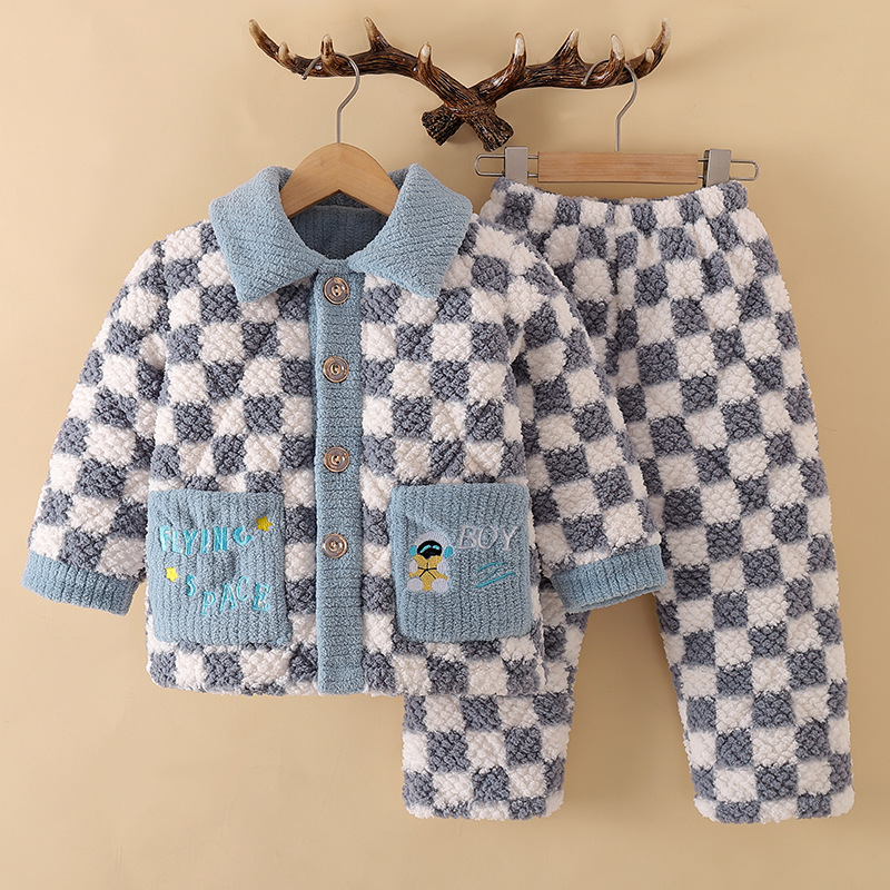 秋冬季儿童三层夹棉睡衣珊瑚绒加绒加厚宝宝男孩男童法兰绒家居服