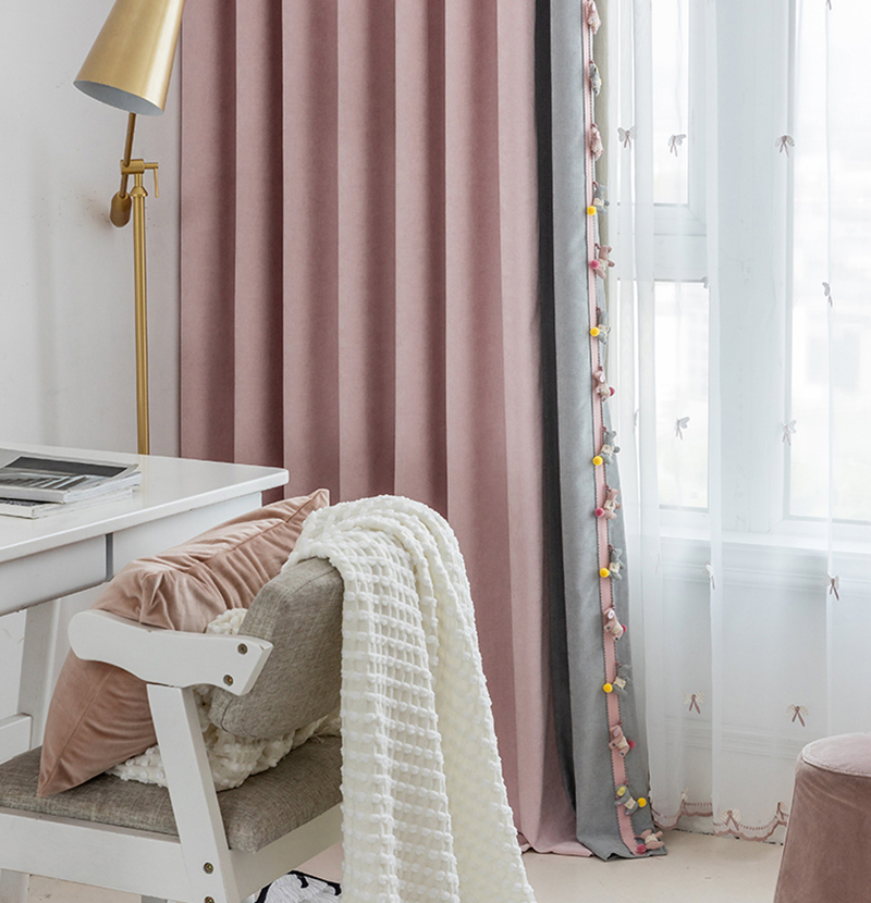 加厚灯芯绒北欧灰粉小马 卡通儿童房卧室女孩客厅飘窗帘田园落地