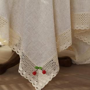 日式亚麻民宿镂空樱桃桌布茶几盖巾亚麻竹节棉布质朴冰箱茶几布