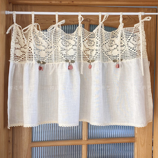 甜美樱桃玫瑰棉麻系带咖啡帘镂空织带拼布半帘免安装遮挡帘头隔断