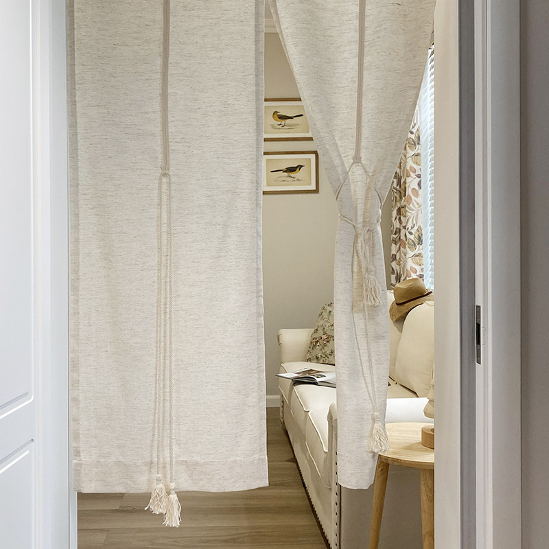 日式亚麻素色分片米色门帘吊穗绑绳出租屋半帘卧室隔断短门帘商用,居家布艺,门帘,淘宝优惠券,粉丝福利购,淘宝优惠卷