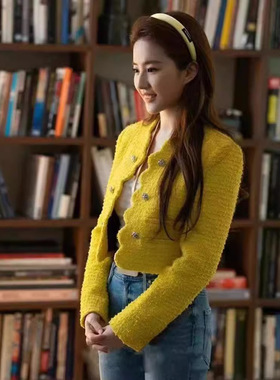 2025秋冬小香风双排扣波浪边短外套女设计感黄色粗花呢西装女