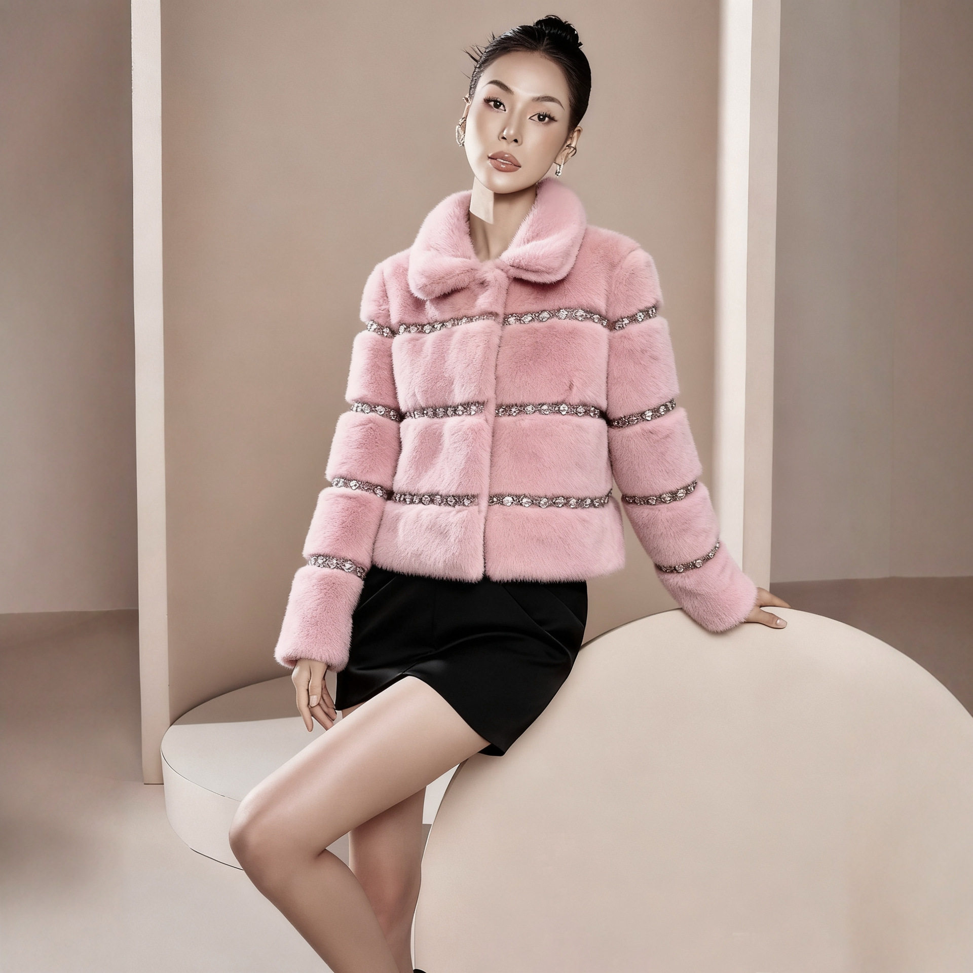 2025秋冬新品重工钉珠拼接环保仿水貂皮草短款毛毛外套女轻奢,女装/女士精品,皮草,淘宝优惠券,粉丝福利购,淘宝优惠卷