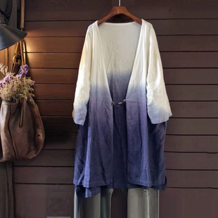 衣衫伴水YSBS新款日春夏V领衬衫棉麻女文艺宽松长袖开衫中长款