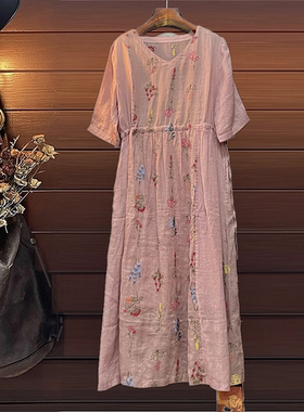 麻料V领连衣裙夏季半袖复古剌绣宽松花色长裙休闲凉快汉服文艺