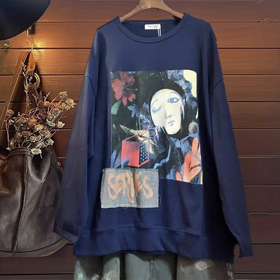 纯棉卫衣长袖女春秋宽松大码印花复古文艺休闲百搭上衣圆领套头