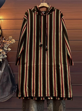 连帽长款宽松卫衣连衣裙TINY CUTTLE春秋女纯棉长袖外套韩单条纹